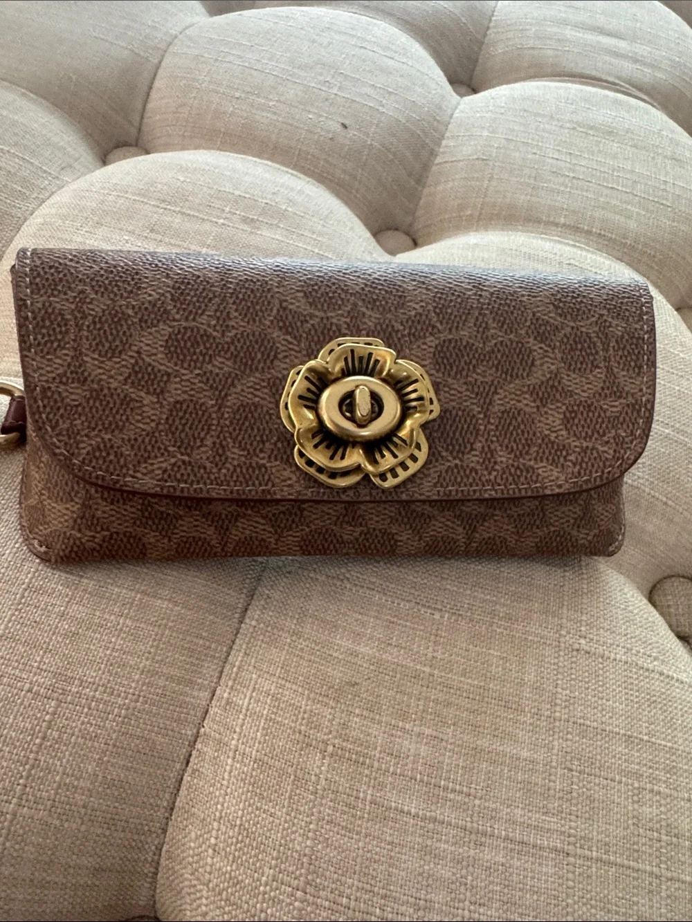 Coach Sunglass Case in Signature Canvas, featuring a brass tea rose turn lock